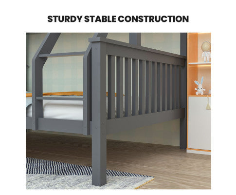 KINGSTON 2in1 Single on Double Bunk Bed Kids Solid Wood Timber Loft Furniture Slats, Grey