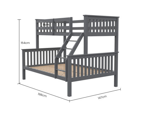 KINGSTON 2in1 Single on Double Bunk Bed Kids Solid Wood Timber Loft Furniture Slats, Grey