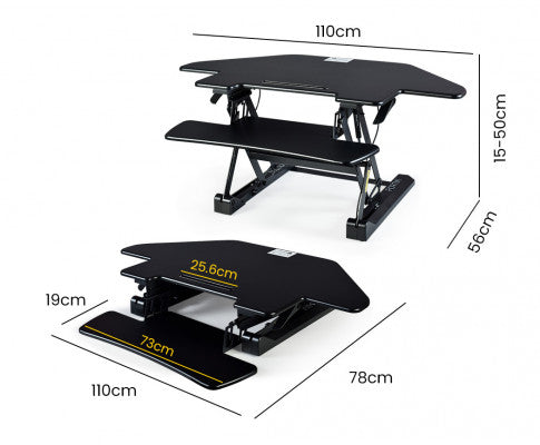 Fortia Corner Desk Riser 110cm Wide Adjustable Sit to Stand for Dual Monitor, Keyboard, Laptop, Black