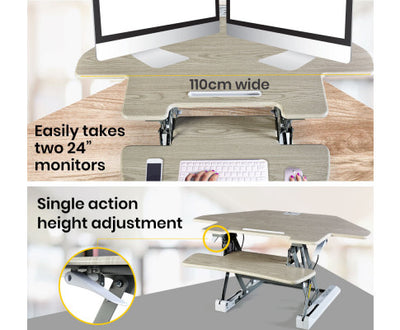 Fortia Corner Desk Riser 110cm Wide Adjustable Sit to Stand for Dual Monitor, Keyboard, Laptop, Beech