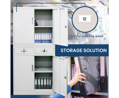 FORTIA Stationery Cabinet Office Home Storage Metal Lockable 4 Door Cupboard Drawers