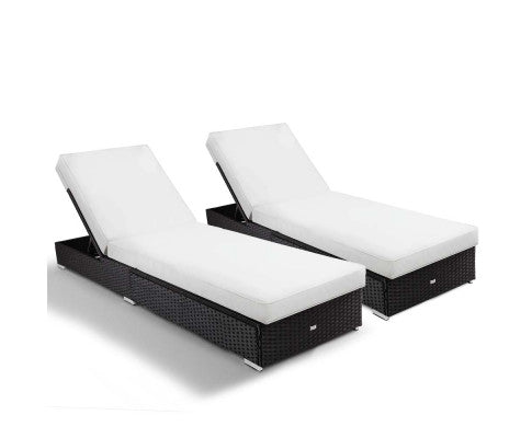 LONDON RATTAN 2pc Premium Outdoor Sun Lounge, Black with Light Cushions