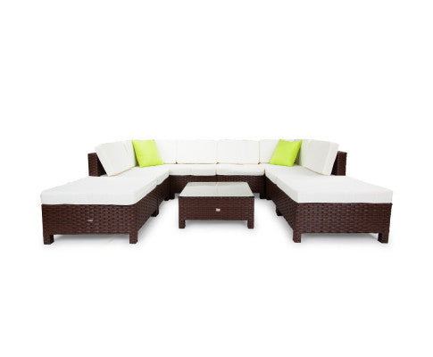 LONDON RATTAN 9pc Outdoor Furniture Setting Wicker Lounge Brown Patio Sofa Set