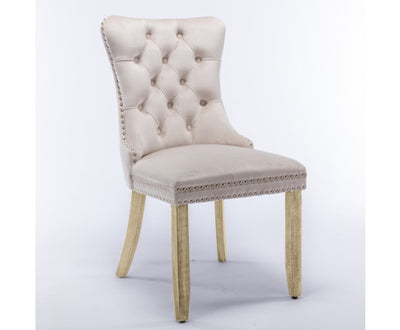 6x Velvet Dining Chairs Upholstered Tufted Kithcen Chair with Solid Wood Legs Stud Trim and Ring-Beige