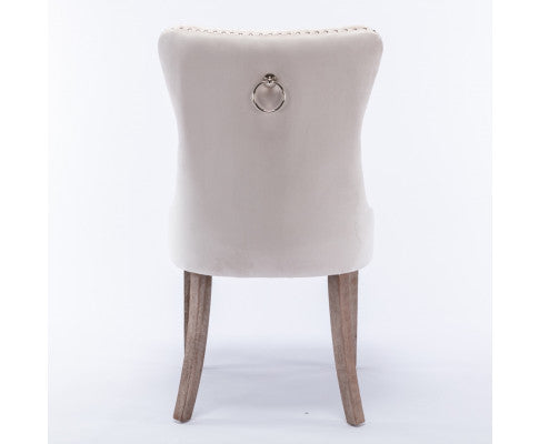 6x Velvet Dining Chairs Upholstered Tufted Kithcen Chair with Solid Wood Legs Stud Trim and Ring-Beige