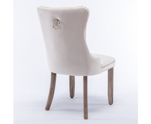 6x Velvet Dining Chairs Upholstered Tufted Kithcen Chair with Solid Wood Legs Stud Trim and Ring-Beige