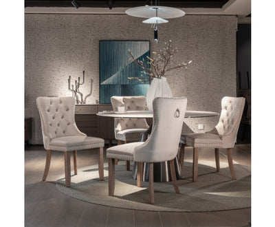 6x Velvet Dining Chairs Upholstered Tufted Kithcen Chair with Solid Wood Legs Stud Trim and Ring-Beige