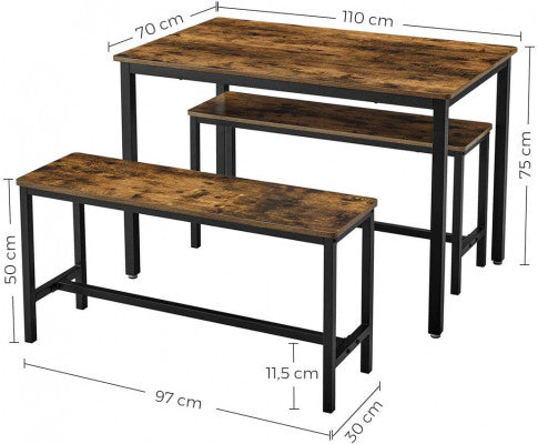 VASAGLE Dining Table Set with 2 Benches Rustic Brown and Black KDT070B01