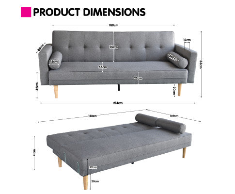 Sarantino Madison Sofa Bed Lounge Couch Futon Furniture Home Light Grey Linen Suite