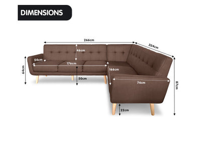 Sarantino Faux Linen Corner Wooden Sofa Lounge L-shaped with Chaise - Brown