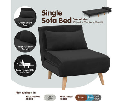 Sarantino Adjustable Chair Single Sofa Bed Faux Velvet - Black