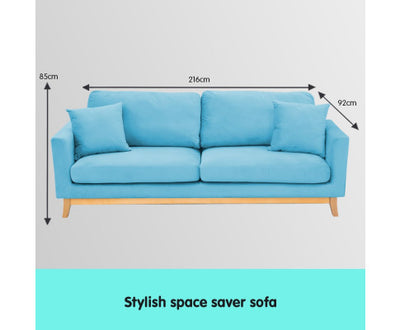 Sarantino 3 Seater Faux Velvet Wooden Sofa Bed Couch Furniture - Blue