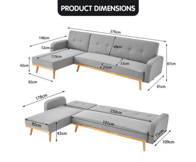 Sarantino 3-Seater Corner Sofa Bed with Chaise Lounge - Light Grey