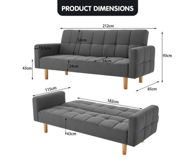 Sarantino 3-Seater Fabric Sofa Bed Futon - Dark Grey