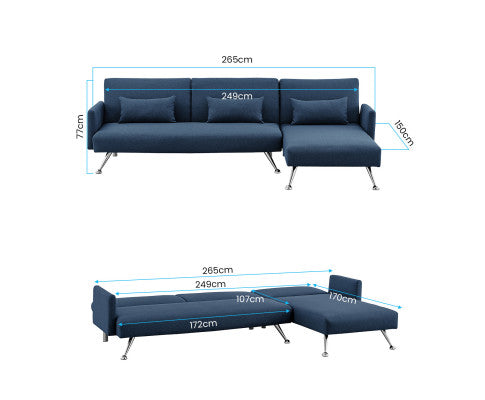 Sarantino Mia 3-Seater Sofa Bed with Chaise & 3 Pillows - Blue