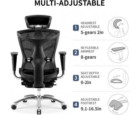 Sihoo Ergonomic Office Chair V1 4D Adjustable High-Back Breathable With Footrest And Lumbar Support Black