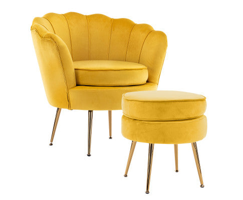 La Bella Shell Scallop Yellow Armchair Accent Chair Velvet + Round Ottoman Footstool