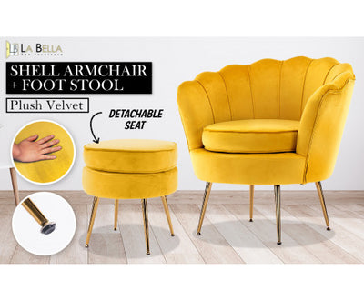 La Bella Shell Scallop Yellow Armchair Accent Chair Velvet + Round Ottoman Footstool