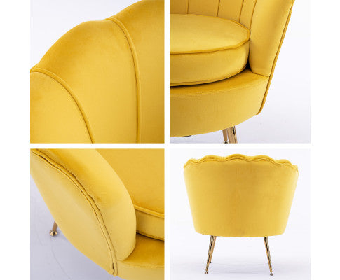 La Bella Shell Scallop Yellow Armchair Accent Chair Velvet + Round Ottoman Footstool