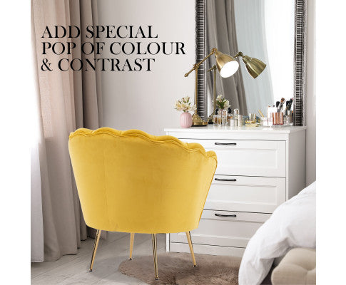 La Bella Shell Scallop Yellow Armchair Accent Chair Velvet + Round Ottoman Footstool