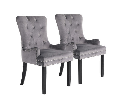 La Bella 2 Set Grey French Provincial Dining Chair Ring Studded Lisse Velvet Rubberwood