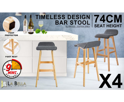 La Bella 4 Set 74cm Grey Wooden Bar Stool Sophia Fabric