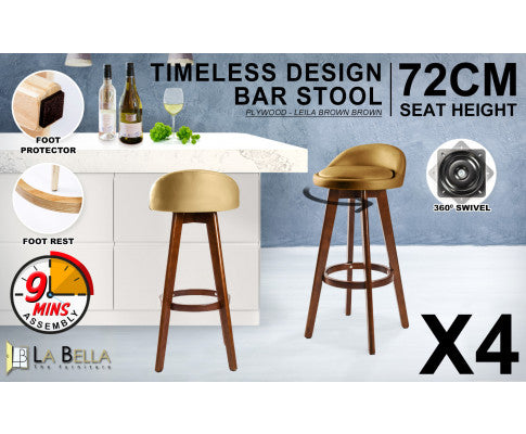 La Bella 4 Set 72cm Coffee Brown Wooden Bar Stool Leila Leather