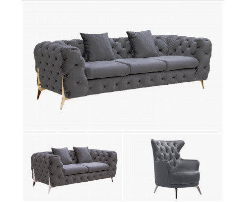 Grand Tufted Lounge - Dark Grey Velvet - Silver Legs