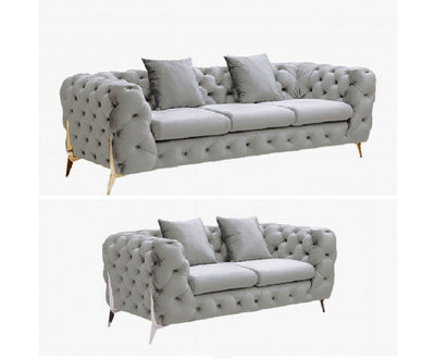 Grand Tufted Lounge - Light Grey Velvet - Gold Legs