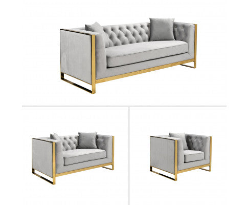 William Lounge - Light Grey Velvet - Gold Trims