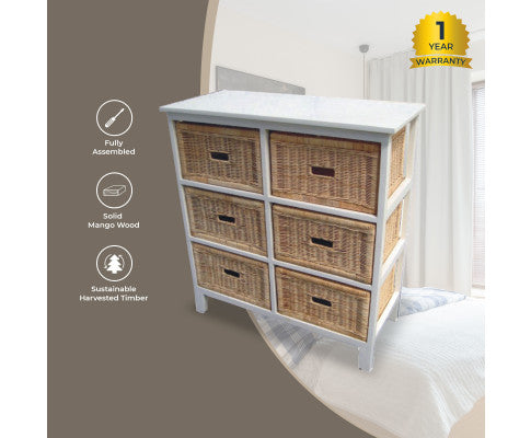 Hyssop Tallboy 6 Chest of Drawers Cane Bedroom Kitchen Bathroom Storage Shelf