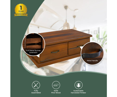 Umber Coffee Table 127cm 2 Drawer Solid Pine Timber Wood - Dark Brown