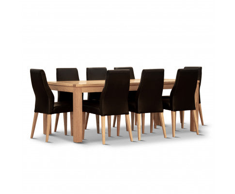 Rosemallow 9pc Dining Set 210cm Table 8 Black PU Chair Solid Messmate Timber