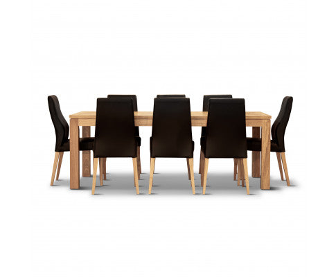 Rosemallow 9pc Dining Set 210cm Table 8 Black PU Chair Solid Messmate Timber