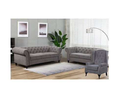 Mellowly 3 Seater Sofa Fabric Uplholstered Chesterfield Lounge Couch - Grey