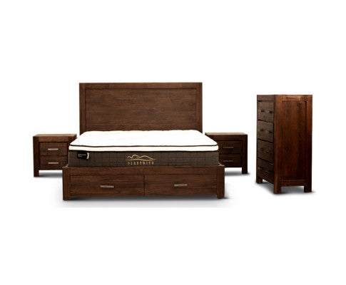 Comfortis 4pc Queen Bed Frame Suite Bedside Tallboy Furniture Package - Walnut