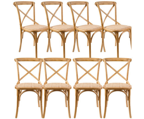 Aster Crossback Dining Chair Set of 8 Solid Birch Timber Wood Ratan Seat - Oak