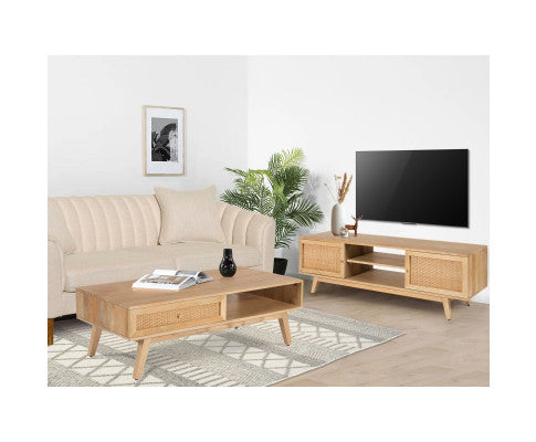 Olearia ETU Entertainment TV Unit 175cm Solid Mango Wood Rattan 2 Door Natural