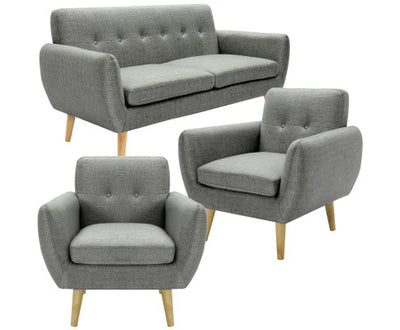 Dane 3 + 1 + 1 Seater Fabric Upholstered Sofa Armchair Lounge Couch - Mid Grey