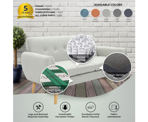 Dane 3 + 1 + 1 Seater Fabric Upholstered Sofa Armchair Lounge Couch - Light Grey