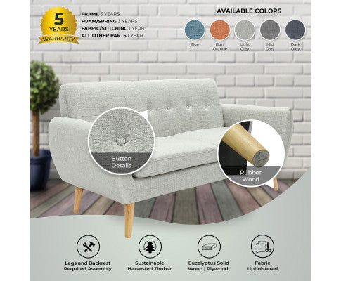 Dane 3 + 1 + 1 Seater Fabric Upholstered Sofa Armchair Lounge Couch - Light Grey