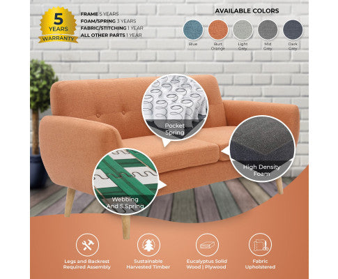 Dane 3 + 1 + 1 Seater Fabric Upholstered Sofa Armchair Lounge Couch - Orange