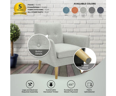 Dane Single Seater Fabric Upholstered Sofa Armchair Lounge Couch - Light Grey