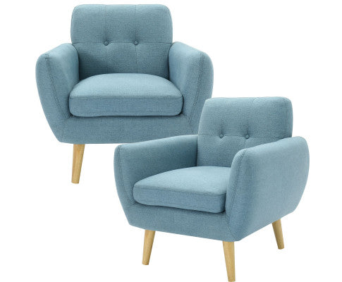 Dane Single Seater Fabric Upholstered Sofa Armchair Set of 2 - Blue