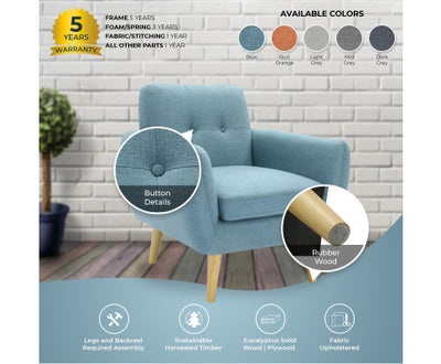 Dane Single Seater Fabric Upholstered Sofa Armchair Lounge Couch - Blue