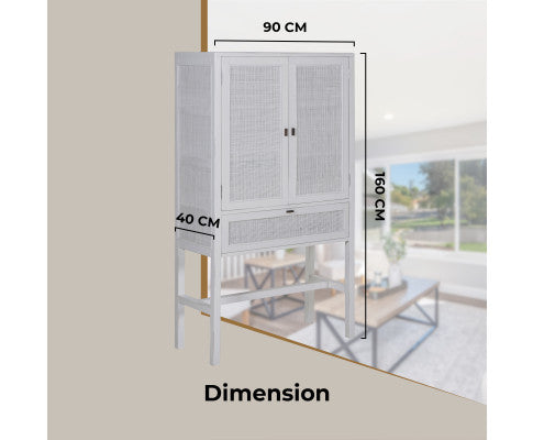 Jasmine Tall Storage Cabinet 90cm 2 Door 1 Drawer Mindi Wood Rattan - White