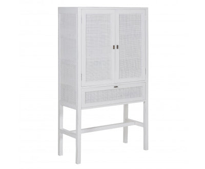 Jasmine Tall Storage Cabinet 90cm 2 Door 1 Drawer Mindi Wood Rattan - White