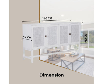 Jasmine Sideboard Buffet Table 160cm 4 Door Mindi Wood Rattan - White