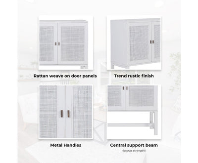 Jasmine Sideboard Buffet Table 160cm 4 Door Mindi Wood Rattan - White