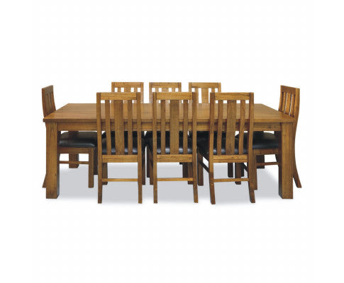 Birdsville 9pc Dining Set 225cm Table 8 PU Seat Chair Solid Mt Ash Wood - Brown